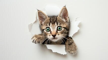 Tabby kitten peeking through a hole in white paper