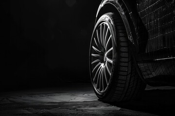  close up of an wet car tire, Black and white blur background