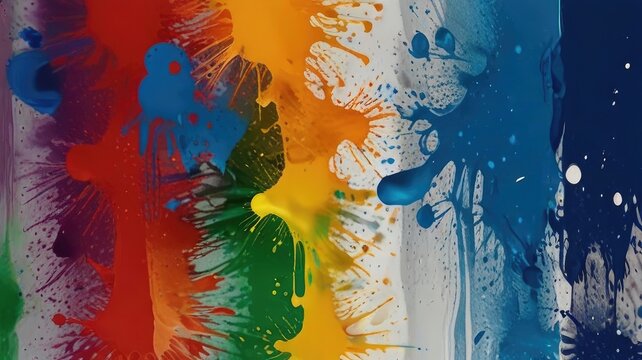 Rainbow color paint splash background. Exploding liquid paint copyspace. Colorful wet paint splashes