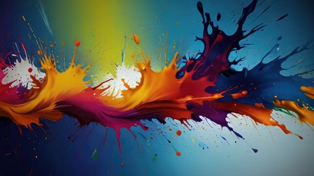 Rainbow color paint splash background. Exploding liquid paint copyspace. Colorful wet paint splashes