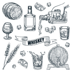 Whiskey icons collection. Glasses, bottle, barrel hand drawn elements for pub, bar menu. Vector sketch illustration - obrazy, fototapety, plakaty
