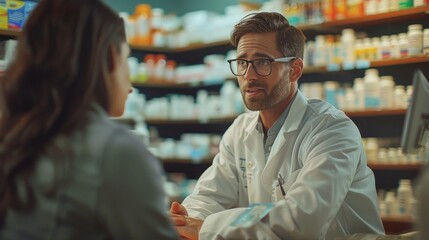 Pharmacist advising a customer on prescription medications in a community pharmacy setting, providing personalized care.