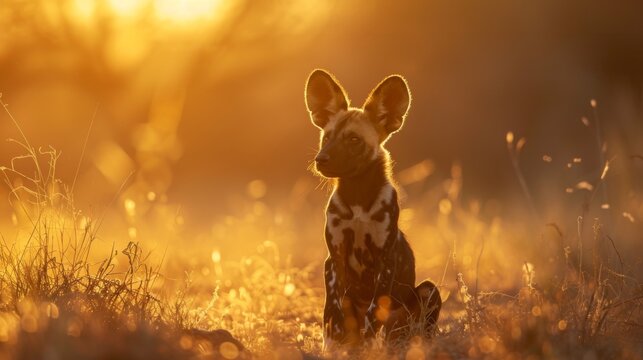 As the sun sets, a silhouette of an African Wild Dog is accentuated by the glow of the horizon