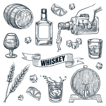 Naklejki Whiskey icons collection. Glasses, bottle, barrel hand drawn elements for pub, bar menu. Vector sketch illustration