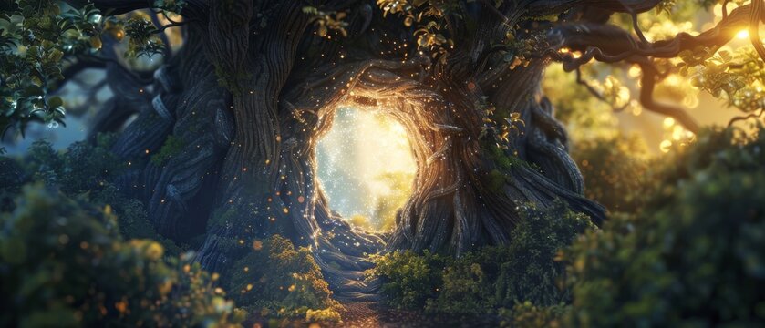 Magical portal to another world inside a giant tree background