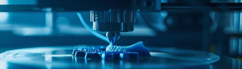 Closeup of a 3D printer nozzle, blue plastic filament emerging as it prints a new, innovative product design