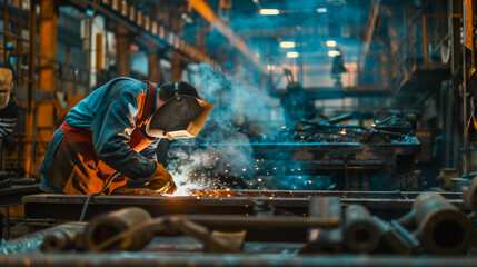 A man in special clothes cooks metal at a factory. An experienced welder using a welding machine performs work indoors.