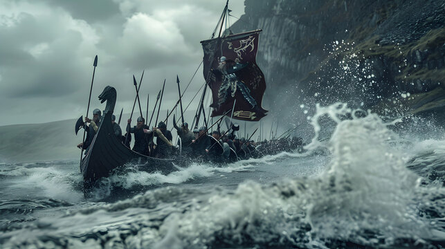 A group of Viking raiders charging ashore from their longship, with waves crashing against the rocky shore. Epic shot.


