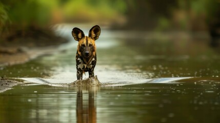 A striking portrait of an African wild dog wading through the water directly towards the camera - obrazy, fototapety, plakaty