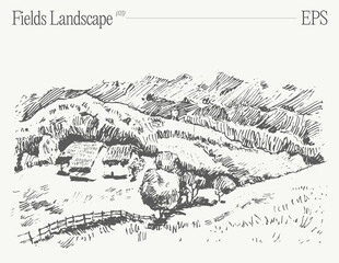 Rural landscape with grassy slopes. Hand drawn vector illustration, sketch.