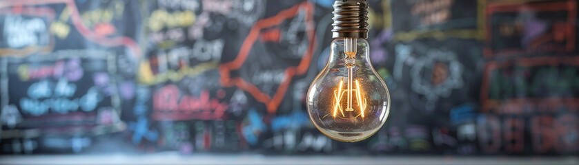 Closeup of a lightbulb suspended in front of a chalkboard, where innovative ideas and colorful doodles are drawn in chalk