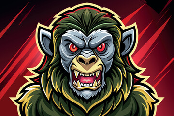 A cartoonish, menacing looking gorilla with red eyes and teeth