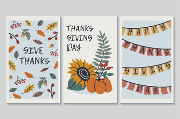 Happy Thanksgiving day set of posters in flat cartoon design. Three posters filled with atmospheric elements of Thanksgiving, fall vegetables, flowers and flags. Vector illustration.
