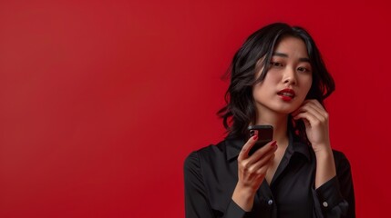 Minimal portrait of contemporary asian businesswoman speaking by smartphone in statement red space, copy space Femininity, feminism and fashion. Copy space.