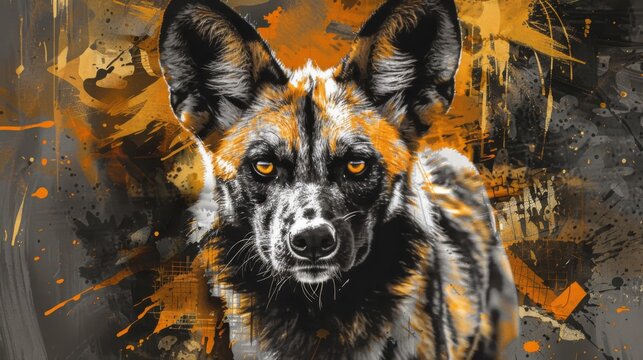 An intense portrait of an African Wild Dog with arresting eyes set against a vibrant abstract background, exemplifying the wildness and spirit of the animal