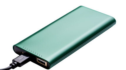 A vibrant green power bank stands out against a stark white background, showcasing its sleek and powerful design on transparent background