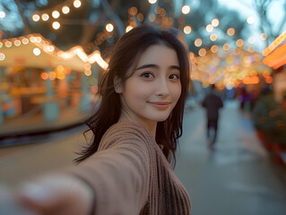 A woman with dark hair takes a selfie holding boyfriends hand in a city square. There are fairy...