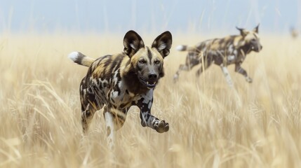 The exhilaration of the hunt is palpable as a wild dog races through the grasslands, its keen eyes...