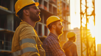 Portrait of builders in a protective yellow helmet and transparent glasses working on a site under the scorching sun. Young male carpenters perform work outdoors.
