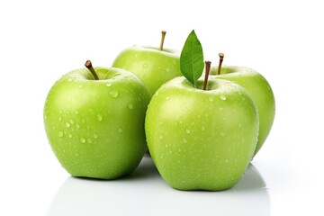 Fresh green apples with water drops isolated on white. Healthy food.