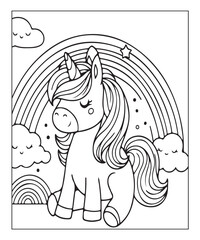 unicorn with rainbow coloring page for kids. black and white vector illustration for coloring book, Generative AI