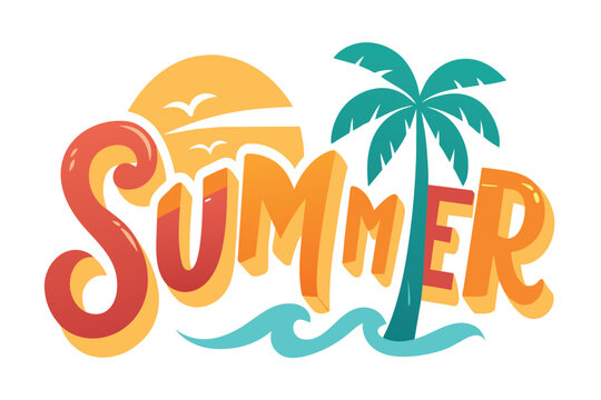 A colorful illustration of a palm tree with the word "summer" written in a cursi