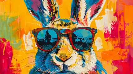 Closeup of a rabbit in sunglasses, rendered in a colorful pop art style, making a bold statement on contemporary art