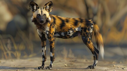An African wild dog appears mid-pause on a dusty terrain, surrounded by sparse vegetation, showcasing the animal's distinctive fur pattern and intense gaze The image's fine detail invites admiration 