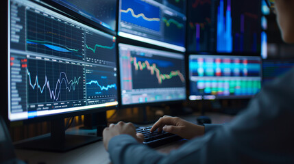 a trader on the background of a set of monitors with stock price charts. Trading on the stock exchange. earning money on trading