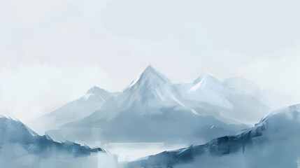 A serene landscape painting depicting a tranquil mountain scene with minimalist brushstrokes.


