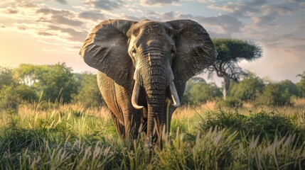 A solitary majestic African elephant stands amidst lush greenery, evoking a sense of calm power and grace