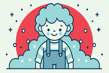 A cartoon child with blue overalls and a red hat is smiling