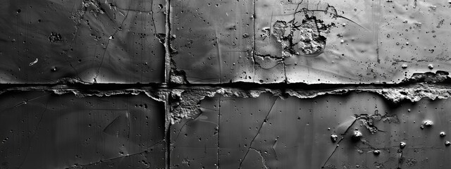 Close-up of cracked concrete and peeling black paint on a surface giving a grunge texture wallpaper, background