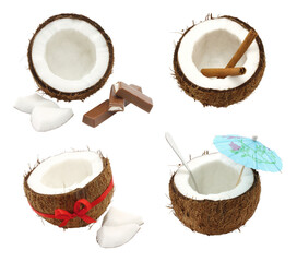 Set of Fresh Coconuts and a part of it, isolated on transparent background