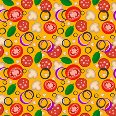 Vegetables backdrop. Vegetables seamless pattern background. Healthy food cover. Tomatoes, mushrooms, onions and lettuce. Vector illustration EPS 10