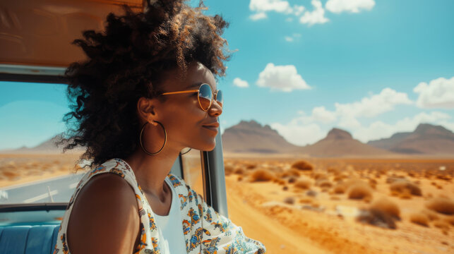 Portrait of a young African American woman enjoying the desert view from her car window. Cute black woman traveling by car. Vacation, adventure concept. - Powered by Adobe