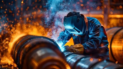 Male worker tests steel tank weld with magnetic field for oil storage. Concept Oil Industry, Welding Inspection, Steel Tanks, Non-Destructive Testing, Quality Control