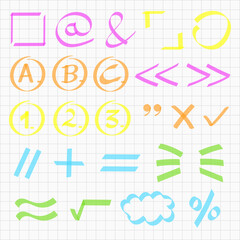 Highlighter infographic equations and letters. Mathematic expressions. Isolated vector elements.