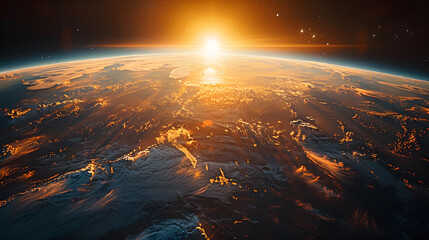 An awe-inspiring view of the sun rising over Earth's horizon from space, highlighting the planet's surface and atmosphere