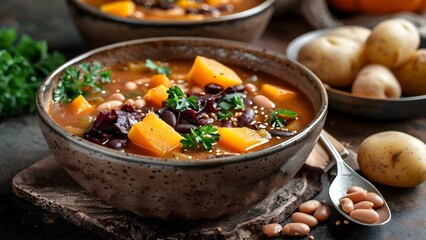 Hearty Autumn Soup with Pumpkin, Black Cabbage, Potatoes, and Beans. Concept Autumn Recipes, Hearty Soups, Pumpkin Dishes, Comfort Food, Vegetarian Delights