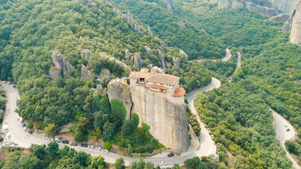 Meteora, Kalabaka, Greece. Holy Monastery of Rousanos - Saint Barbara. Meteora - rocks, up to 600 meters high. There are 6 active Greek Orthodox monasteries listed on the UNESCO list, Aerial View