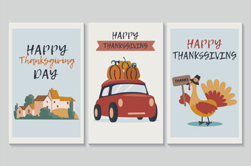 Happy Thanksgiving day set of posters in flat cartoon design. A three-poster illustration showcases the magic of fall and the Thanksgiving holiday. Vector illustration.