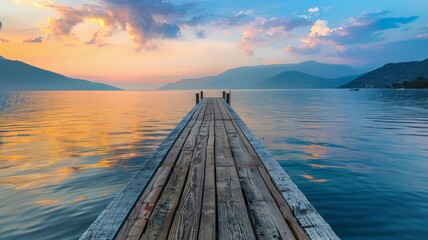 A wooden dock extends into the rippling water as the sun sets in the background, casting a warm glow over the scene - Powered by Adobe