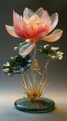 Elegant Glassy Lotus Flower Sculpture Floating in Serene Pond Reflection