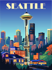 Seattle, USA Travel Destination Poster in retro style. Cityscape digital print. Summer vacation, holidays concept. Vintage vector illustration.	