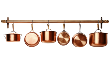 Colorful pots and pans hang elegantly from a gleaming metal bar on transparent background