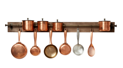 A rack adorned with various pots and pans hanging gracefully on transparent background