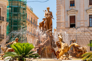 Syracuse, Sicily, Italy. Diana Fountain - Classic fountain with a statue of the goddess of the hunt...