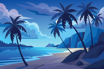 A beautiful beach scene with palm trees and a blue ocean