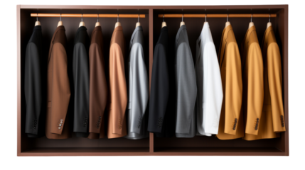 A diverse assortment of clothing items hanging on a rail inside a closet on transparent background